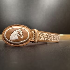 Handmade Childs CharroTan Leather Belt with Horse Embroidery